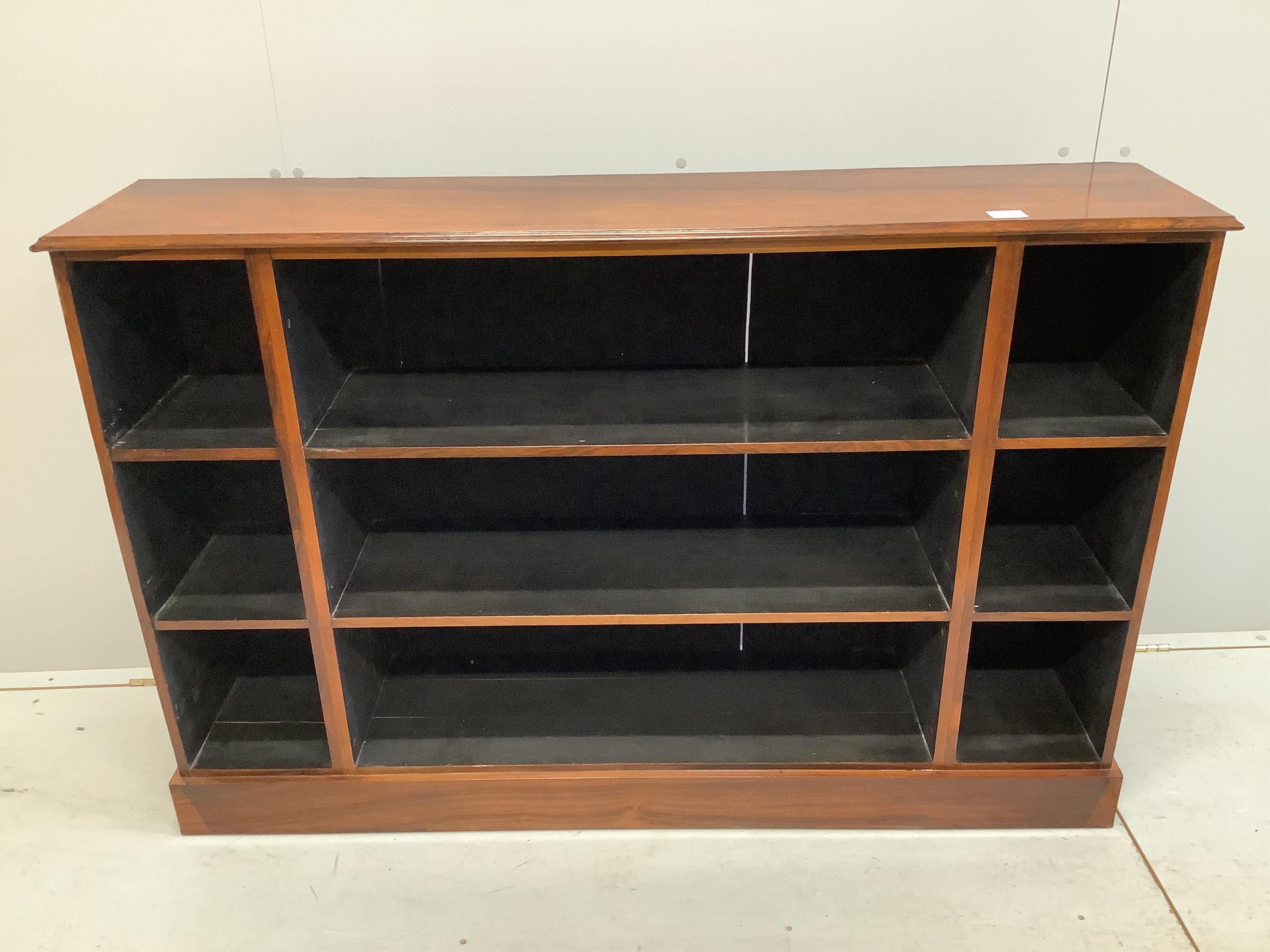 A 19th century and later rosewood open low bookcase, width 138cm, depth 30cm, height 91cm. Condition - fair